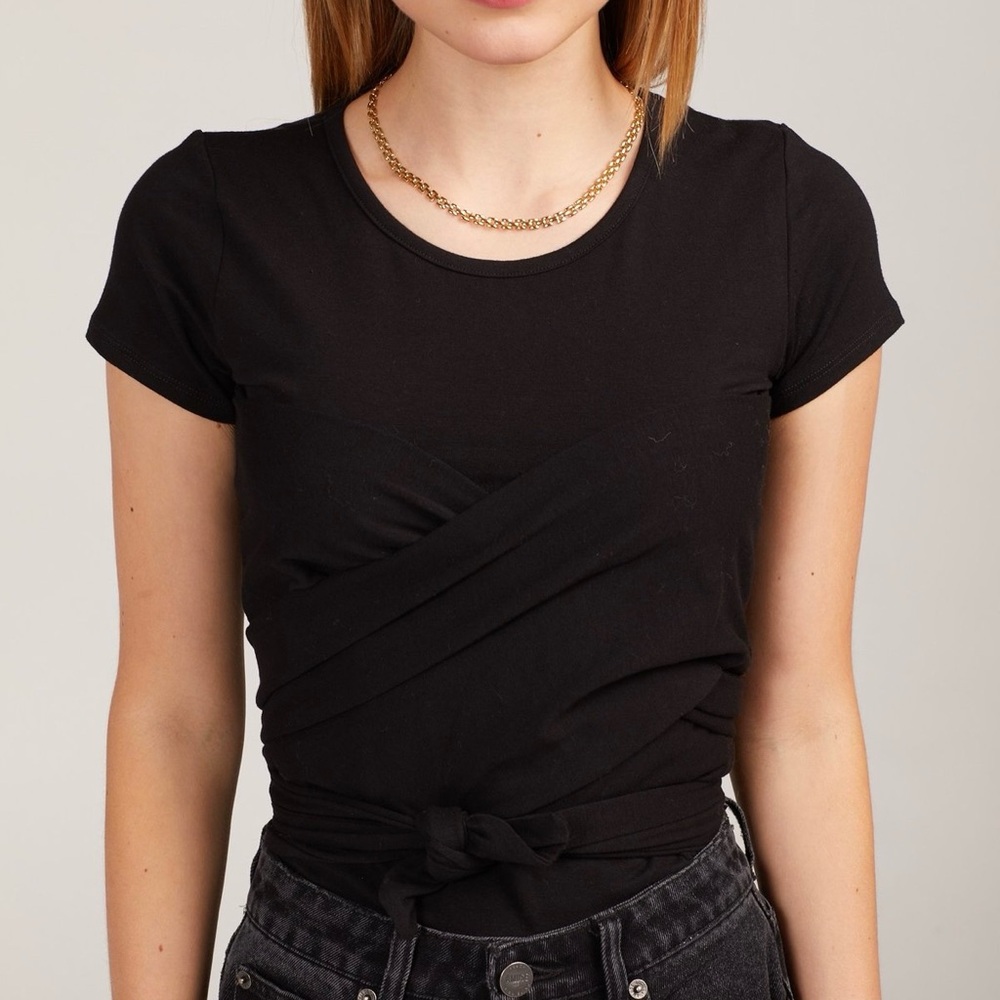 The Line by K Jeanne Top Black Short Sleeve Tie-Front Wrap Crop Blouse